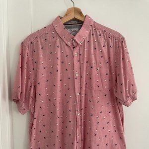 Men's XL Pink Hula Girl Palm Tree Casual Button Down Shirt